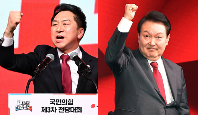 윤석열 대통령이 8일 경기도 고양시 킨텍스에서 열린 국민의힘 제3차 전당대회에서 축사를 마친 뒤 인사하고 있다.(오른쪽) 김기현 신임 당 대표가 당 대표 수락 연설을 하고 있다. 연합뉴스