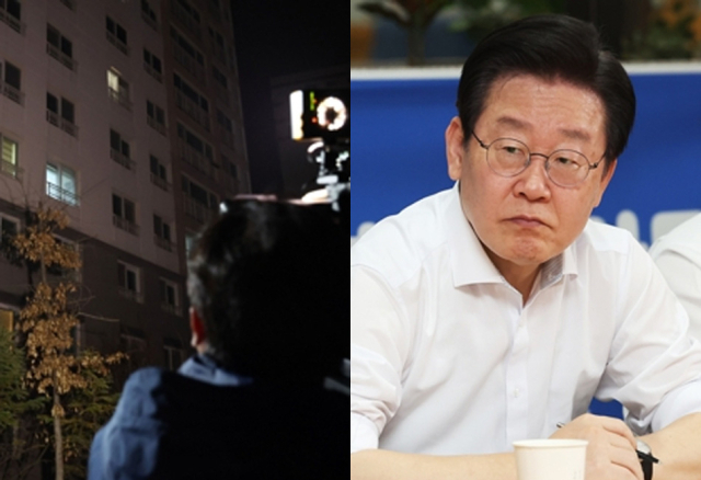 더불어민주당 이재명 대표의 경기지사 시절 초대 비서실장이 숨진 채 발견된 경기도 성남시 수정구의 자택 앞에서 10일 오전 취재진이 취재를 하고 있다. 오른쪽 사진은 더불어민주당 이재명 대표 모습. 연합뉴스