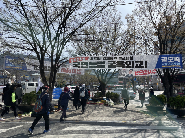 지난 16일 오후 3시쯤 찾은 남구 대명동 성당네거리 일대. 가로수 사이로 정당 현수막이 잇따라 게재돼 있다. 한소연 기자