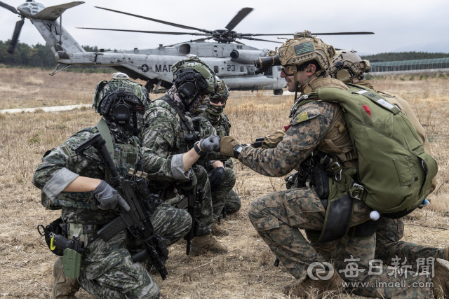 한국과 미국의 해병대원들이 성공적 임무 수행과 팀워크를 자축하며 서로 주먹 인사를 나누고 있다. 해병대 제공