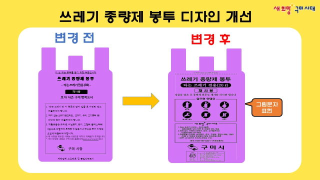 경북 구미시는 시민들이 쓰레기를 올바르게 분리 배출하도록 쓰레기종량제봉투 디자인을 그림문자를 넣어 개선했다. 구미시 제공