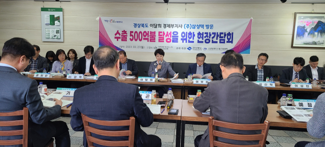 이달희 경북도 경제부지사는 27일 경산시 삼성텍 회의실에서 경북도 수출기업 13개사와 유관기관 단체장 등이 모인 가운데 대외 경제위기 극복과 수출증대를 방안을 찾는 현장 소통 간담회를 개최했다. 경북도 제공