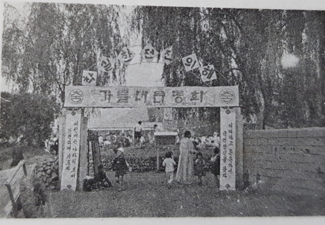 1971년도 청도군 금천초교 교문. 가을운동회를 알리는 아치가 이채롭다. 금천초교 제공