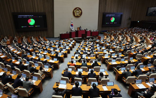 지난 달 23일 오후 열린 국회 본회의에서 양곡관리법 일부개정법률안(대안)에 대한 수정안이 통과되고 있다. 연합뉴스
