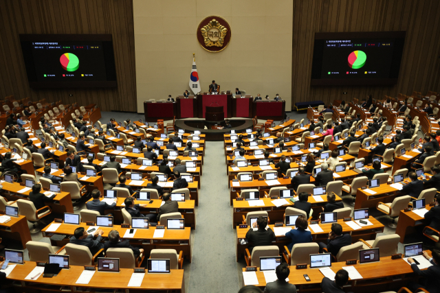 30일 오후 국회에서 열린 본회의에서 불법 정치자금 수수 등 혐의로 구속영장이 청구된 국민의힘 하영제 의원에 대한 체표동의안이 가결되고 있다. 연합뉴스