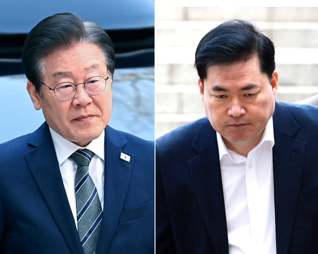 지난 대선 과정에서 허위 발언을 한 혐의로 기소된 더불어민주당 이재명 대표가 31일 오전 서초구 서울중앙지방법원에서 열린 공직선거법 위반 혐의 사건 3회 공판에 출석하고 있다.(사진 왼쪽) 이 대표에 앞서 이날 유동규 전 성남도시개발공사 기획본부장이 법원 내 다른 출입구를 통해 이 대표 재판의 증인으로 법정에 출석하고 있다. 두 사람의 대면은 2021년 9월 대장동 의혹이 불거진 이후 처음이다. 연합뉴스