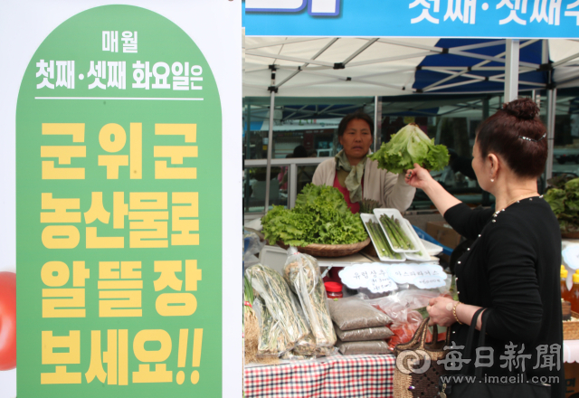 4일 대구 동구 신암동 농협중앙회 대구지역본부 앞에서 군위군 우수농산물 직거래 장터를 찾은 시민들이 장을 보고 있다. 이번 상생 장터는 경북 군위군의 대구 편입을 기념하고 군위 지역의 우수농산물 홍보를 통한 안정적인 판로 확대와 소비자 물가 안정을 위해 기획됐다. 장터는 이날 개장을 시작으로 매월 첫째, 셋째 화요일에 개장할 예정이다. 안성완 기자 asw0727@imaeil.com