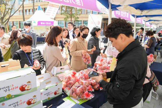영주시가 국회 소통관 앞에 마련한 농특산물 홍보·판매 행사에 서울 시민들의 발길이 끊이지 않고 있다. 영주시 제공