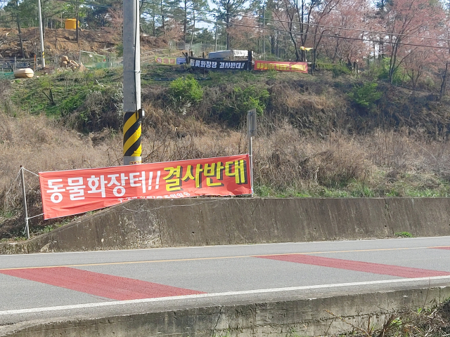 경북 군위군 부계면 창평리 등에 걸린 동물화장장 반대 현수막. 이희대 기자