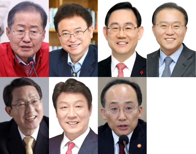 (사진 상단 왼쪽부터) 홍준표 대구시장, 이철우 경북도지사, 주호영 국민의힘 국회의원, 윤재옥 국민의힘 원내대표 (사진 하단) 김상훈 국민의힘 국회의원, 강대식 국민의힘 국회의원, 추경호 경제부총리