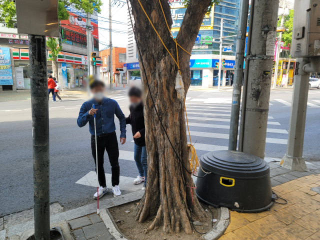 지난 17일 달서구 본리초 인근 사거리에서 대각선 횡단보도를 건넌 시각장애인 최지현(29)씨가 횡단보도 끝에 있는 장애물로 인해 어려움을 겪고 있다. 박성현 기자