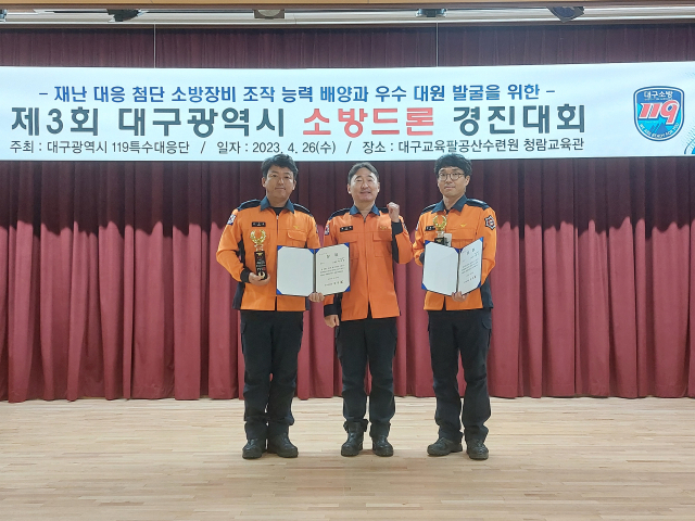 대구 소방드론경진대회 최우수상을 수상한 사진상 곽문순 소방위(사진 왼쪽), 주재욱 소방장(사진 오른쪽)