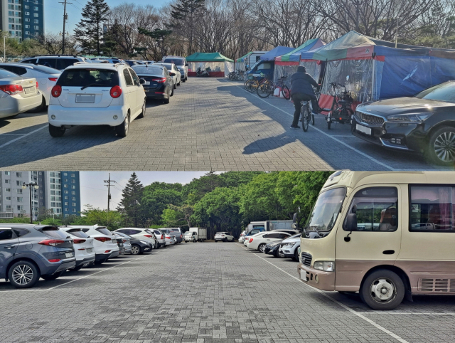 경주 황성공원의 골칫거리였던 무허가 포장마차촌 철거 전(위쪽)·후 모습. 경주시 제공