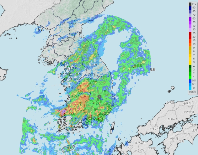 5일 오후 5시 35분 기준 전국 강우 상황. 기상청