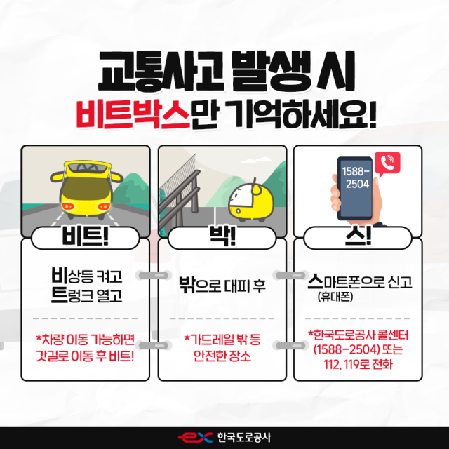 한국도로공사가 고속도로를 통행하는 운전자들에게 교통사고 발생 시 대처 요령으로 