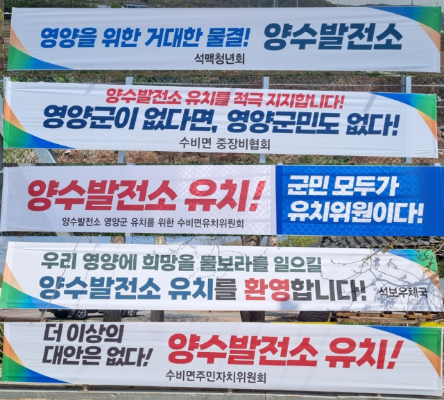 최근 영양지역 전역에 게시되고 있는 양수발전소 유치를 염원하는 지역 단체들의 현수막 모습. 지난달부터 걸리기 시작한 현수막은 현재 350여 개가 넘은 것으로 파악된다. 김영진 기자