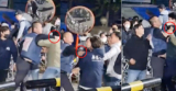 택배노조 간부 A 씨가 4월 24일 캠프 진입을 막는 쿠팡 직원을 폭행하고 있다.