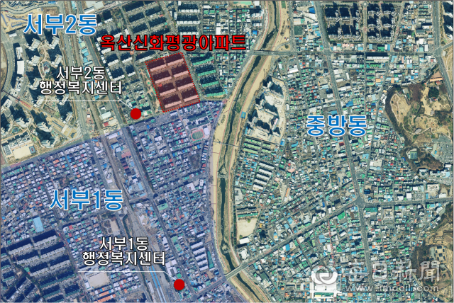 경산시가 옥산 신화·평광아파트의 관할 행정동을 서부1동에서 가까운 서부2동으로 조정을 추진하고 있다. 사진은 이 아파트와 행정복지센터 위치도. 경산시 제공