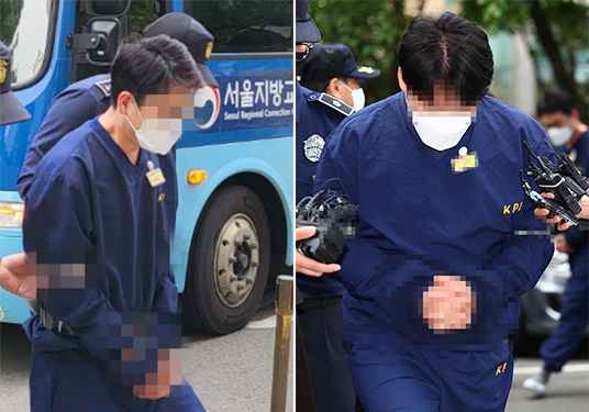 SG(소시에테제네랄)증권발 폭락 사태 관련 투자자 모집책으로 지목된 변모씨(왼쪽)와 안모씨가 12일 오전 서울 양천구 서울남부지방법원에서 구속 전 피의자 심문(영장실질심사)에 출석하고 있다. 이어 당일 오후 이들에게 구속영장이 발부됐다. 연합뉴스