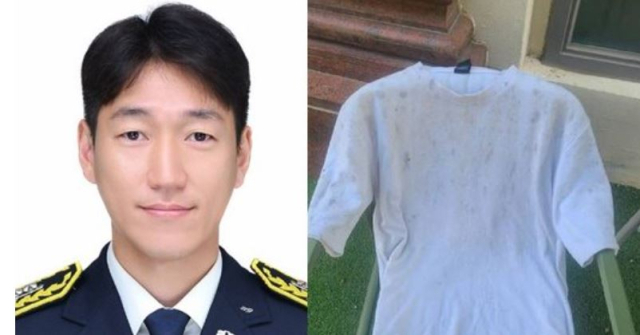 조찬동 소방사와 그가 화재 진압당시 입은 흰색 티셔츠. 연합뉴스