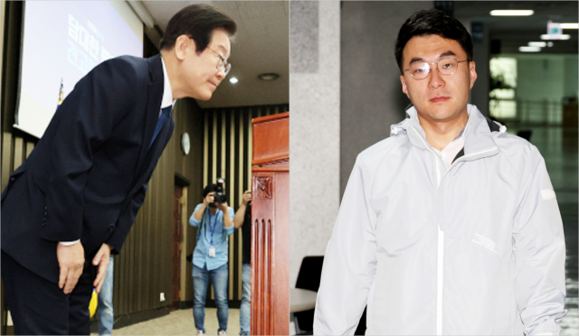 민주당 이재명 대표가 14일 국회에서 열린 의원총회에서 김남국 의원 탈당 등 최근 당 문제에 대해 사과하고 있다.(사진 왼쪽)/ 민주당 김남국 의원이 14일 오전 휴대폰을 들고 국회 의원실로 들어가고 있다. 김 의원은 출근 후 페이스북을 통해 탈당을 선언했다. 연합뉴스