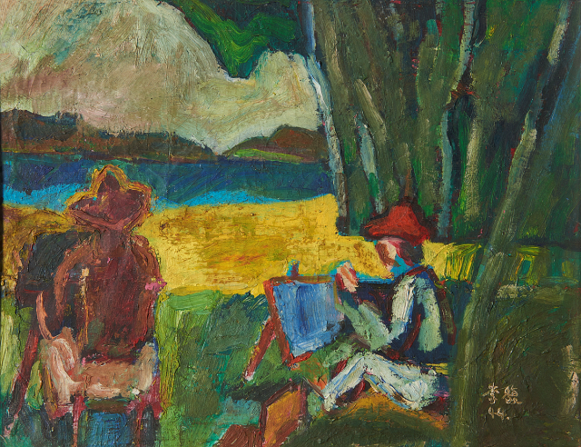 이복, 그림 그리는 사람들, 1944, 목판에 유채, 40x52cm