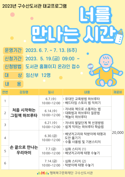 행복북구문화재단(이사장 배광식) 구수산도서관은 임신부를 위한 태교프로그램 을 운영한다. 오는 6월 7일부터 7월 14일까지 주 1회 진행된다. 구수산도서관 제공