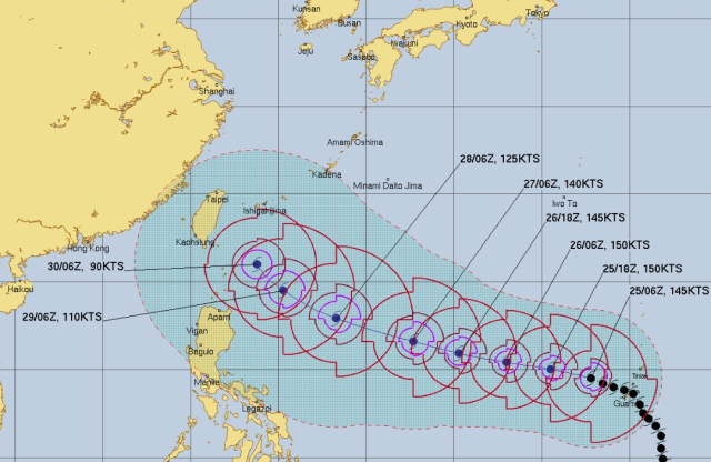미국 합동태풍경보센터(JTWC, Joint Typhoon Warning Center) 태풍 마와르 예상경로