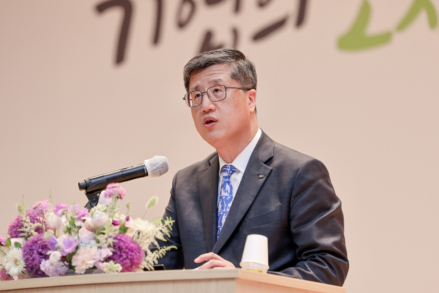 최원목 신용보증기금 이사장이 1일 대구 본점에서 열린 '47주년 창립기념식'에서 기념사를 하고 있다. 신용보증기금 제공