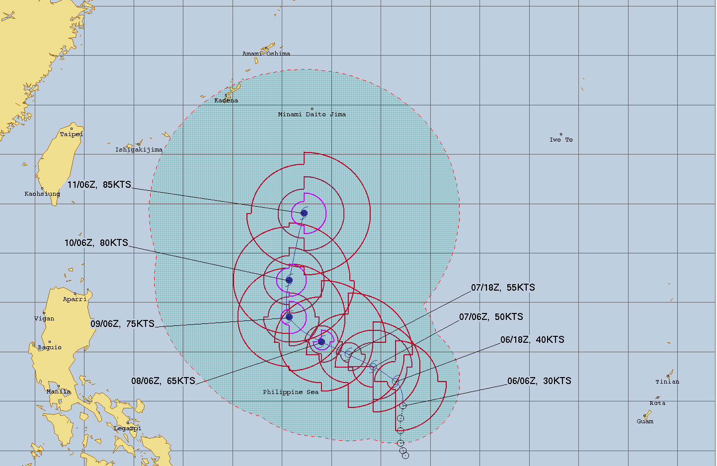 미국 합동태풍경보센터(JTWC, Joint Typhoon Warning Center) 태풍 구촐 예상경로