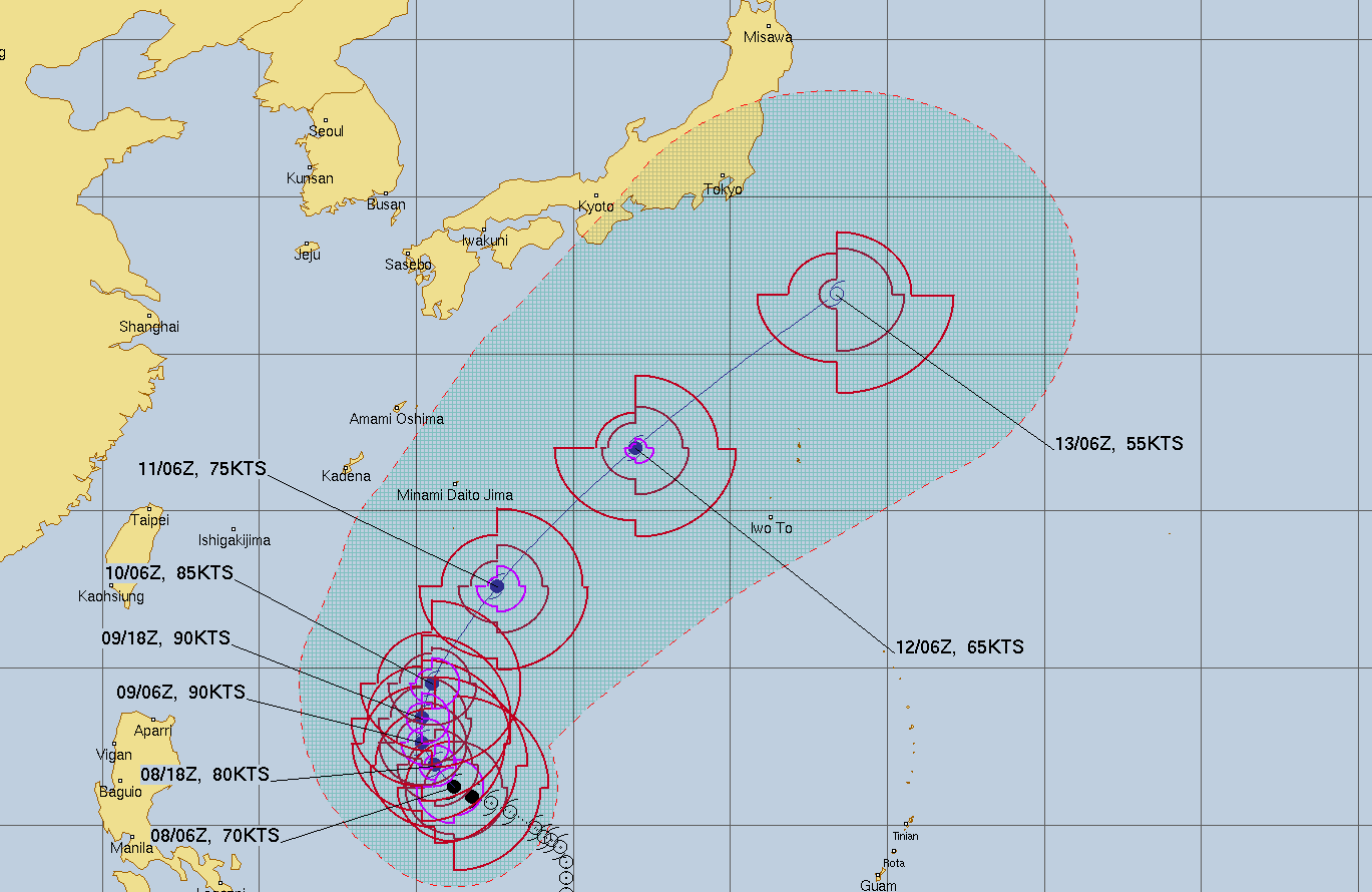 미국 합동태풍경보센터(JTWC, Joint Typhoon Warning Center) 태풍 구촐 예상경로
