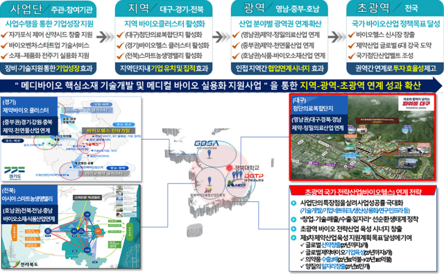 대구시와 경기도, 전북도의 메디바이오 핵심소재 기술개발 및 메디컬 바이오 실용화지원 기반 구축사업 협력 체계.