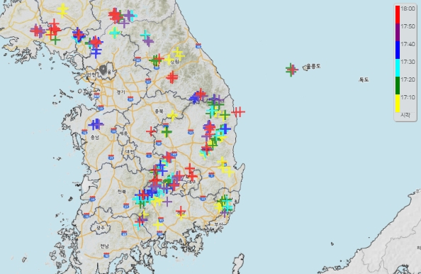 14일 오후 6시 기준 전국 낙뢰 발생 현황. 기상청