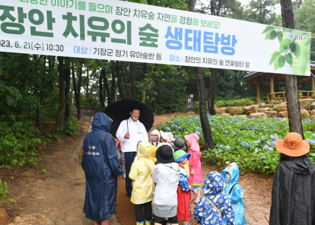 기장군은 21일 장안 치유의 숲에서 유아와 함께하는 생태탐방 프로그램을 운영했다. 제공 기장군