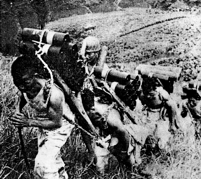 1950년 8월 경북 칠곡 다부동 유학산 전투에서 노무자들이 포탄을 저 나르고 있다. 매일신문 DB