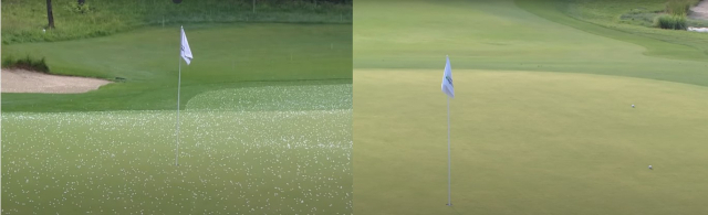 (좌)우박이 쏟아진 필드 (우)우박 내린 뒤 다 마른 필드 / 출처 : SBSGolf 유튜브