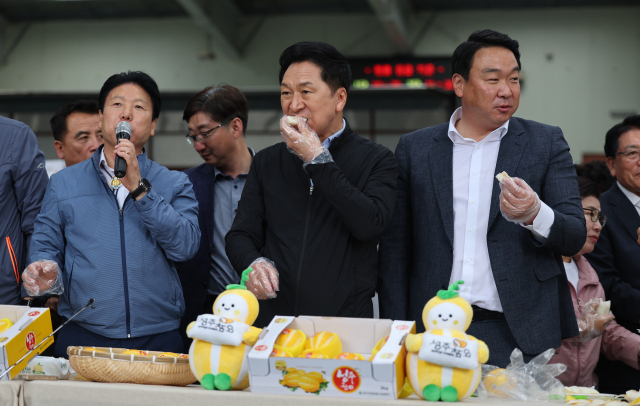 김기현 국민의힘 당대표가 26일 경북 성주 참외공판장을 찾아 성주 참외를 맛보고 있다. 김영진 기자 kyjmaeil@imaeil.com