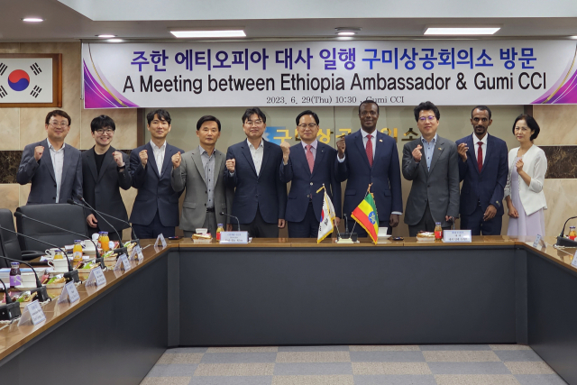 29일 데시 달케 두카모 에티오피아 대사(오른쪽 네번째)와 구미상의 임직원들이 간담회에서 기념 촬영을 하고 있다. 구미상의 제공