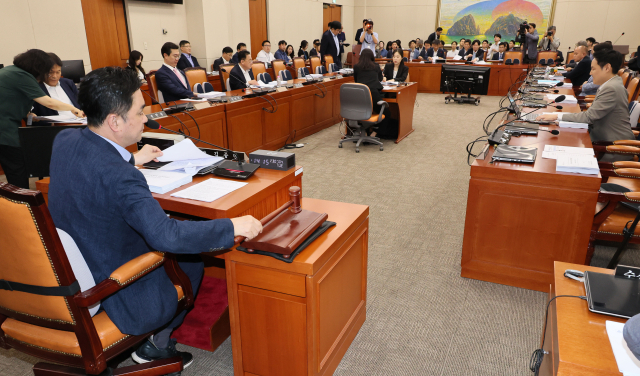 4일 오후 국회에서 열린 정무위원회 법안심사제1소위원회에서 김종민 위원장이 의사봉을 두드리고 있다. 연합뉴스