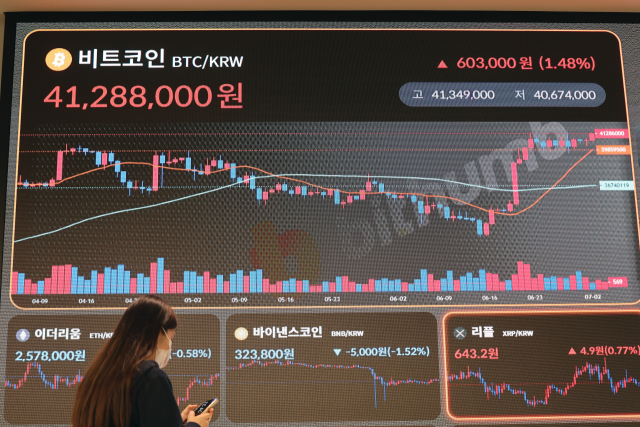 세계 최대 자산운용사 블랙록이 미 규제당국에 비트코인(BTC) 상장지수펀드(ETF) 상장을 다시 신청하면서 비트코인 가격이 상승한 4일 오전 서울 서초구 빗썸 고객센터의 모습. 연합뉴스