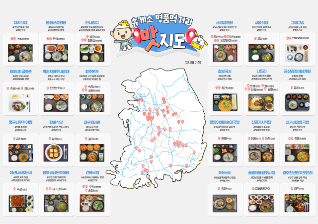 한국도로공사는 휴게소에서 지역의 대표 맛집을 그대로 맛보고 느낄 수 있도록 '1휴게소 1명품 먹거리' 추진을 통해 전국 46개소 명품먹거리 매장을 운영 중이라고 밝혔다. 한국도로공사 제공