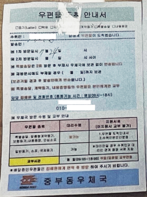 위조된 우편물 도착안내서. 독자 제공
