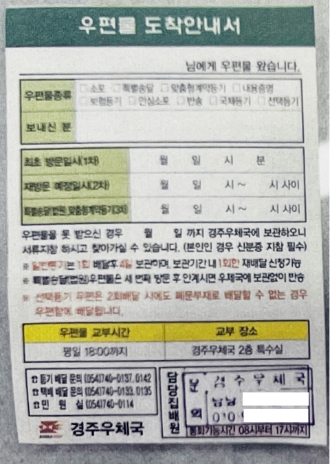정상적인 우편물 도착안내서. 독자 제공