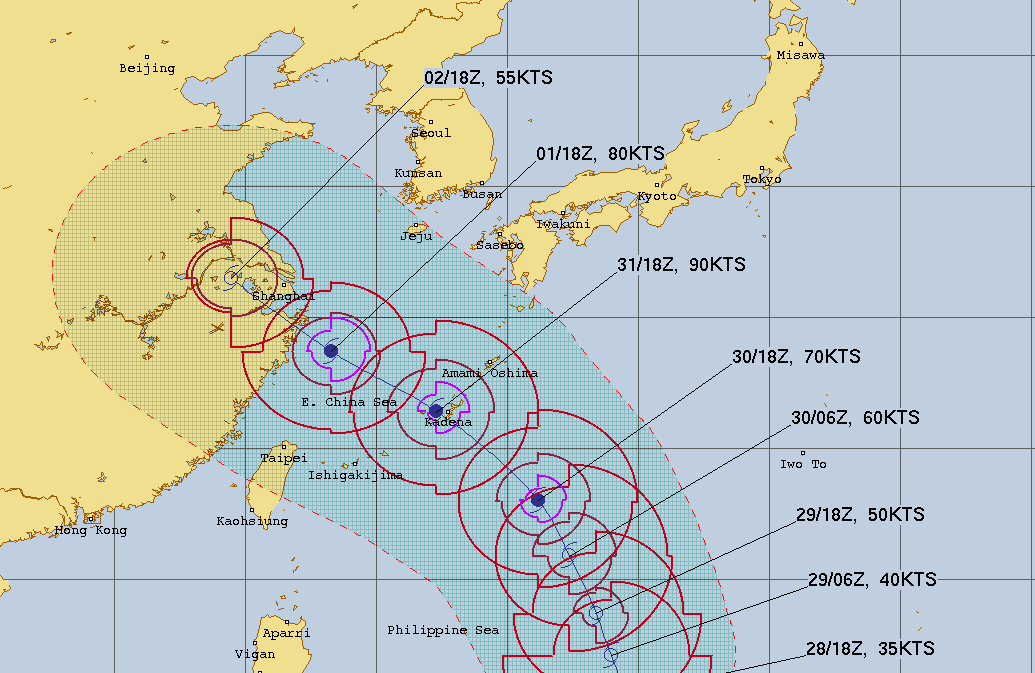 미국 합동태풍경보센터(JTWC, Joint Typhoon Warning Center) 6호 태풍 카눈 예상경로