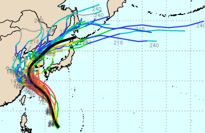 다중 앙상블 예측실험자료(GEFS) 6호 태풍 카눈 예상경로(7월 28일 예측 기준)