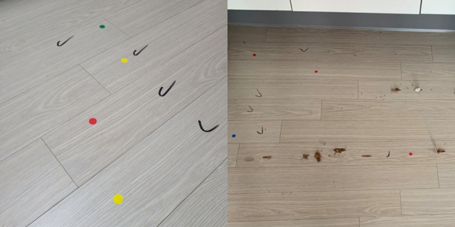 호반 측이 바닥 자재를 교체해야 한다며 붙여놓은 스티커(왼쪽). 퇴거 예정자 A씨가