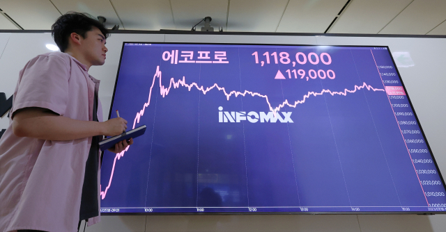 서울 종로구 연합인포맥스 전광판에 에코프로 종가 현황이 표시되고 있다. 연합뉴스