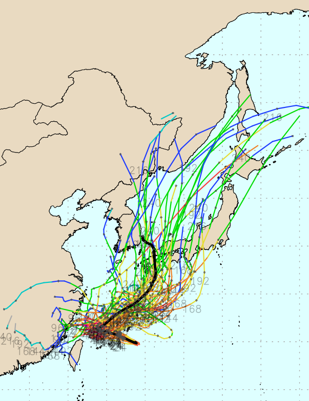 ECMWF Ensemble 모델 6호 태풍 카눈 예상경로. 8월 1일 예상 기준