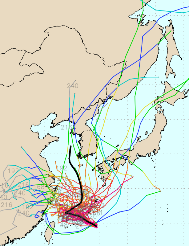 GFS Ensemble 모델 6호 태풍 카눈 예상경로. 8월 1일 예상 기준