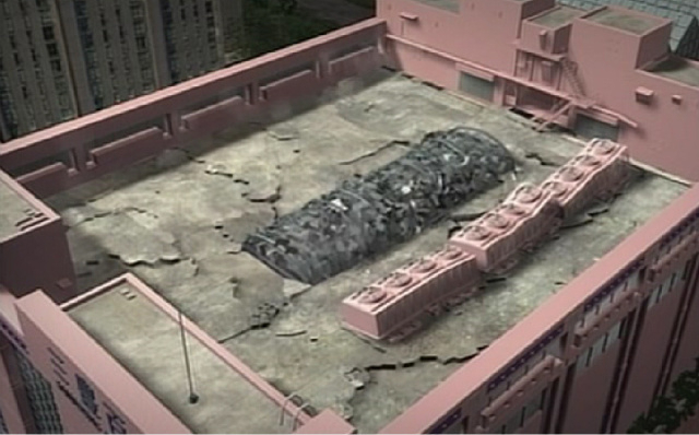 1995년 삼풍백화점 붕괴 시점의 옥상부 모습을 컴퓨터 그래픽으로 시뮬레이션한 모습. 내셔널지오그래픽 다큐멘터리